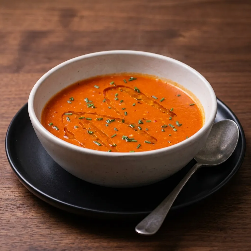 Creamy tomato bowl with cheese cubes at Cafe Lake Louise in Lake Louise village, AB
